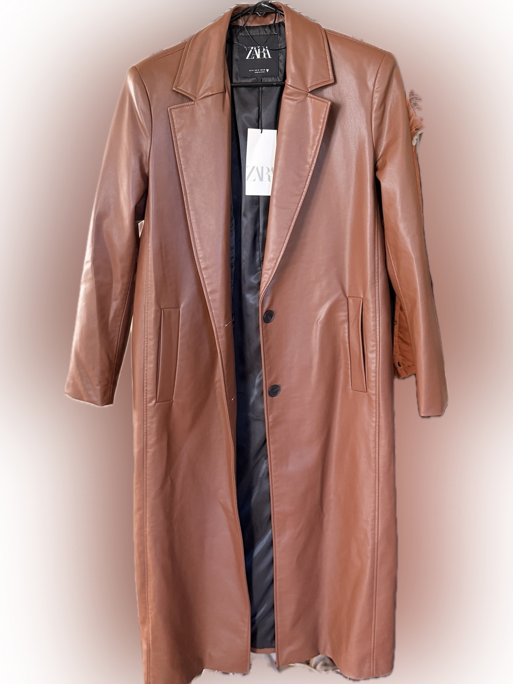 Zara brown long length leather trench coat womens NWT